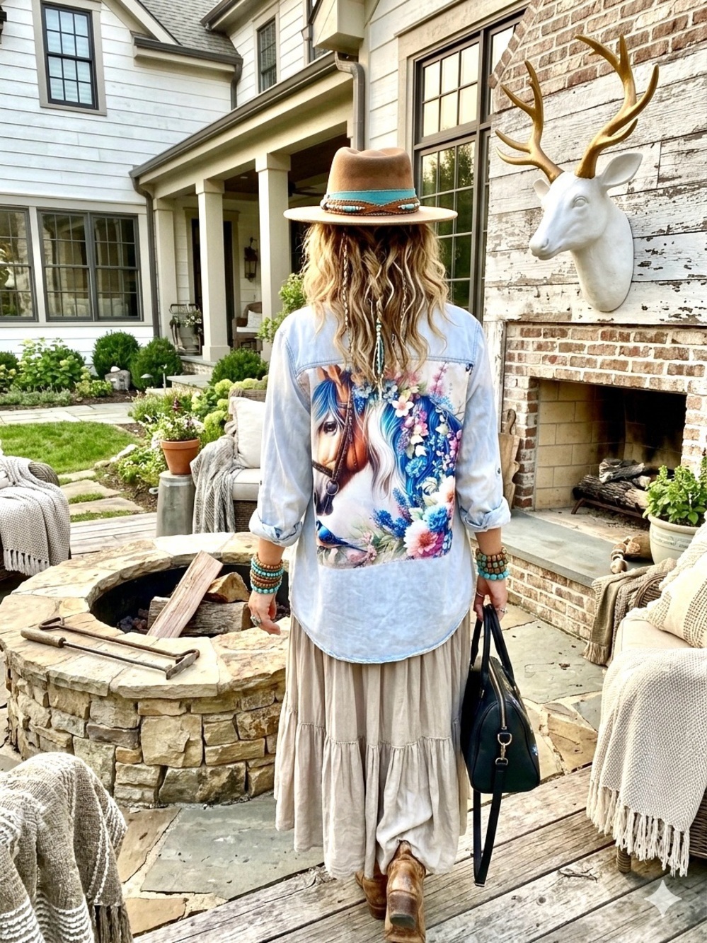 Romantic Horse RARE enchanting Upcycled floral back detailing boho denim shirt